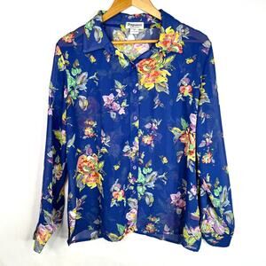 Potpourri Blue Floral Sheer Button Down Shirt Large